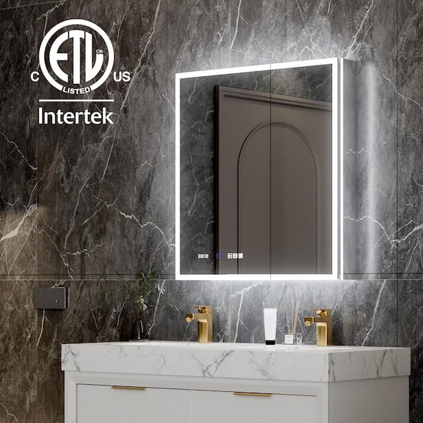 30 in. W x 32 in. H Large Rectangular Silver LED Defogged Aluminum Recessed/Surface Mount Medicine Cabinet with Mirror