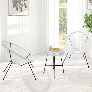 Acapulco Chairs White 3-Pieces Woven Rattan Patio Furniture Set Modern Outdoor Bistro Set With Tempered Glass Table