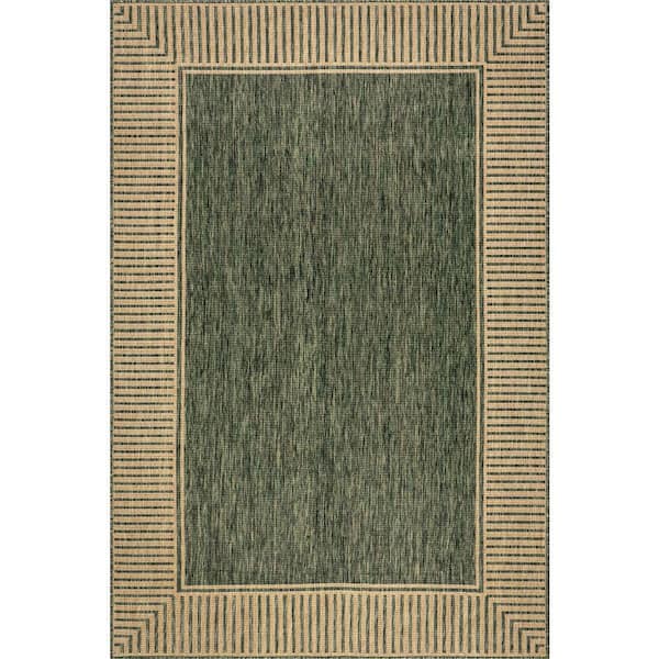 5 ft. x 8 ft. Green  Striped Border Flatweave Outdoor Area Rug