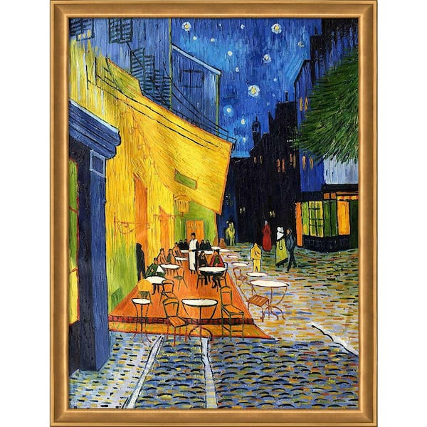 LA PASTICHE Cafe Terrace at Night by Vincent Van Gogh Muted Gold Glow Framed Architecture Oil Painting Art Print 34 in. x 44 in.