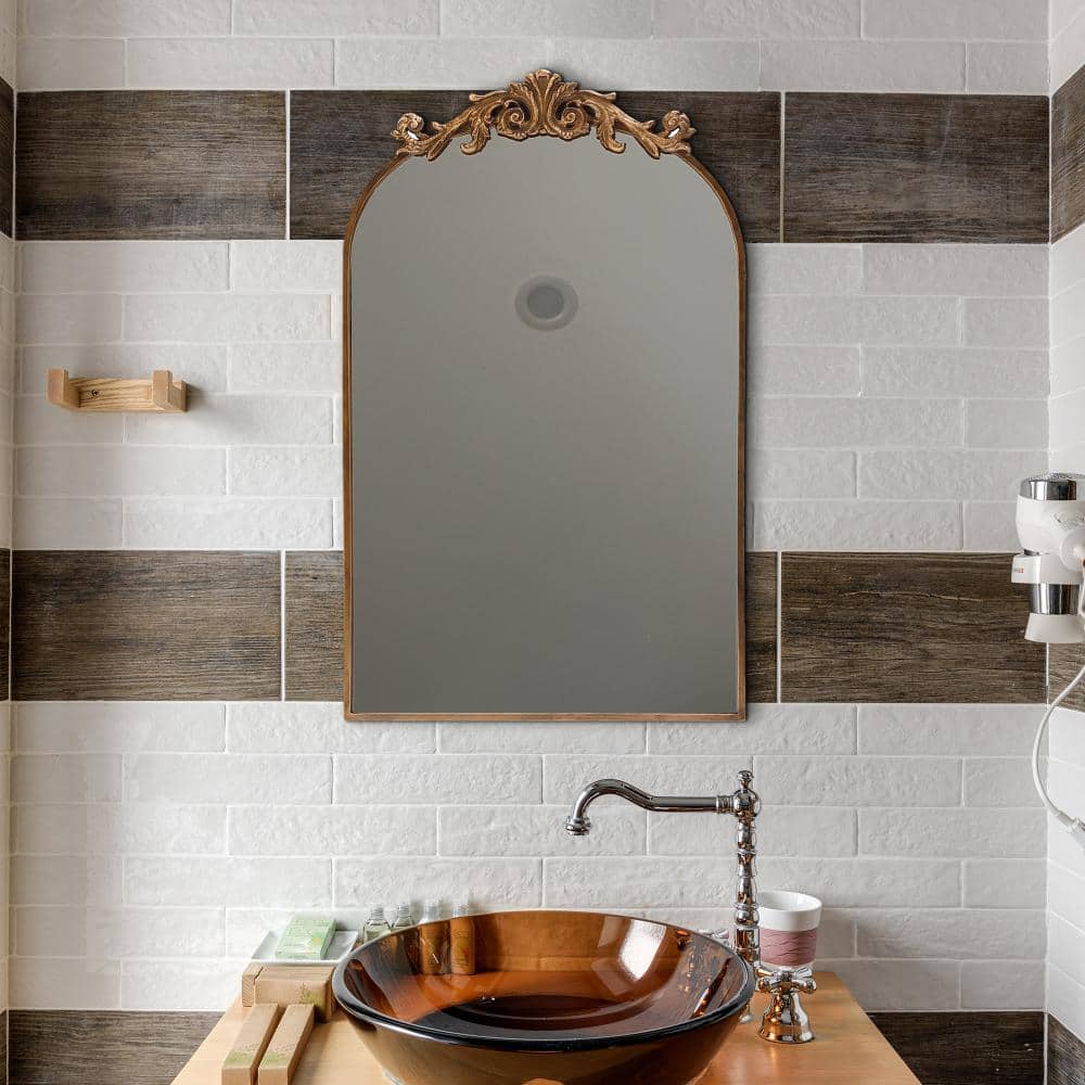 19 in. W x 30 in. H Arched Traditional Mirror Metal Framed Antique Wall Mirror Bathroom Vanity Vintage Mirror in Gold price history on PriceWatchPro