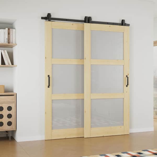 64 in. x 80 in. 3-Lite Frosted Glass Unfinished Solid Core Pine Wood Sliding Barn Door with Hardware Kit Bypass