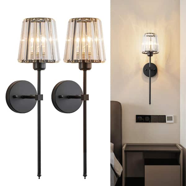 Modern Crystal Wall Sconces Set of 2, Black Dimmable Wallchiere Vanity Lighting for Bedroom, Living Room, Hallway
