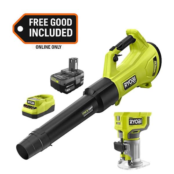 ONE+ HP 18V Brushless 450 CFM Cordless Leaf Blower w/ 4.0 Ah Battery, Charger, & FREE ONE+ 18V Compact Fixed Base Router