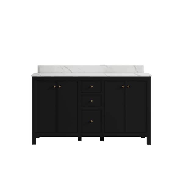 Willow Collections Chicago 60 in. W x 22 in. D x 36 in. H Double Sink Bath Vanity in Black with 1.5 in. Calacatta Laza Qt. Top