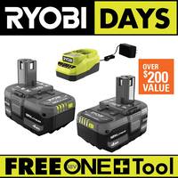 2Pk RYOBI ONE+ 18V Li-Ion 4.0 Ah Battery & Charger Kit + Free Tool Deals