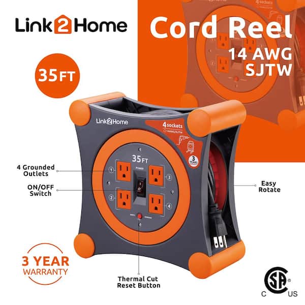 Link2Home 20' Extension Cord Reel w/4 Grounded Outlets & USB