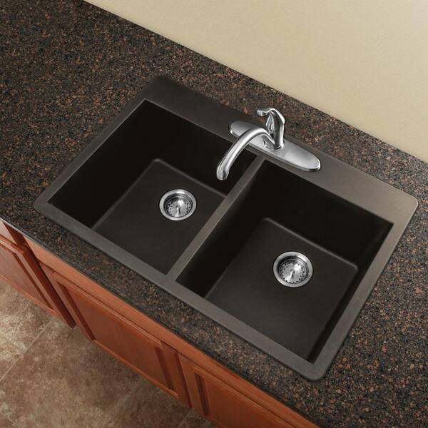 25 x 18 x 9 Transolid RTDJ3322-12-CAE Radius Granite 3-Hole Drop-in Double-Bowl Kitchen Sink Espresso