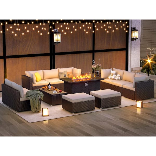 Tenleaf Brown 13-Piece Wicker Outdoor Sectional Set with Beige Cushions and 2 Coffee Tables and 50 in. Fire Pit Table