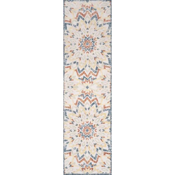 Flora Abstract Bold Mandala High-Low Cream/Multi 2 ft. x 8 ft. Indoor/Outdoor Runner Rug