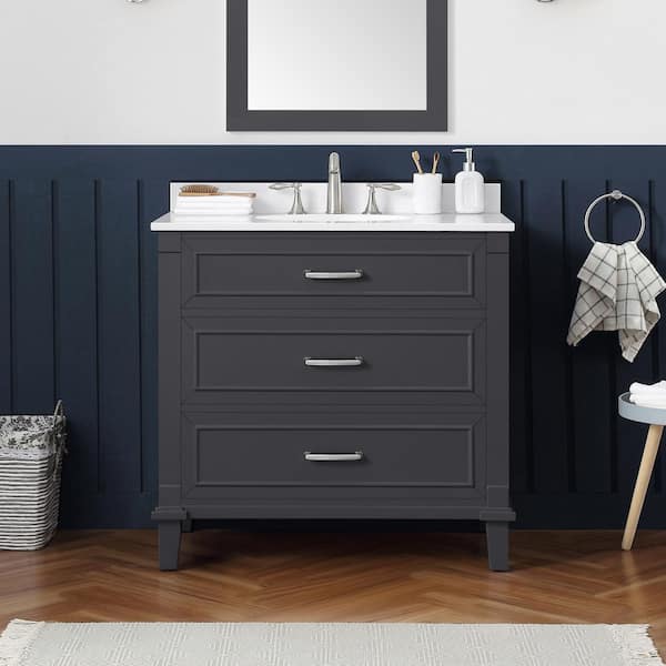 Home Decorators Collection Pinestream 36 in. W x 22 in. D x 34 in. H Single Sink Bath Vanity in Dark Charcoal with White Engineered Stone Top