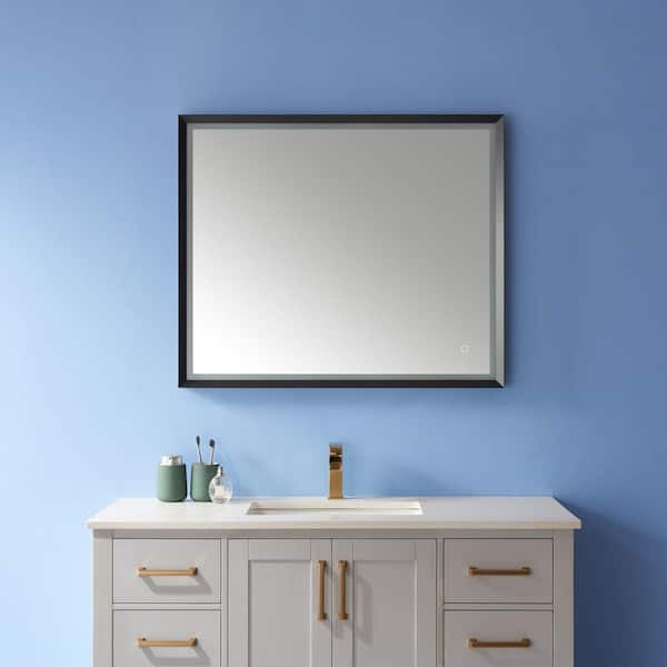 ROSWELL Como 36 in. W x 30 in. H Single Framed Rectangle LED Bathroom Vanity Mirror in Black