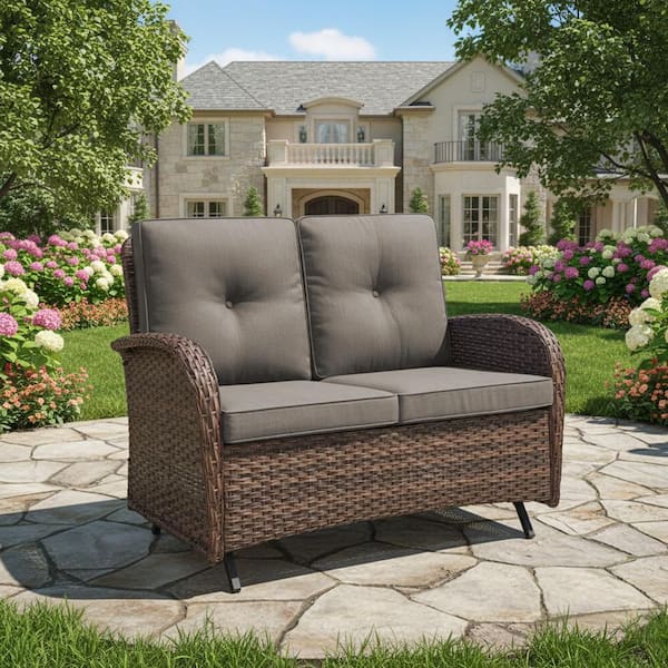 2-Person Wicker Patio Outdoor Glider with Cushion Guard Gray Cushions