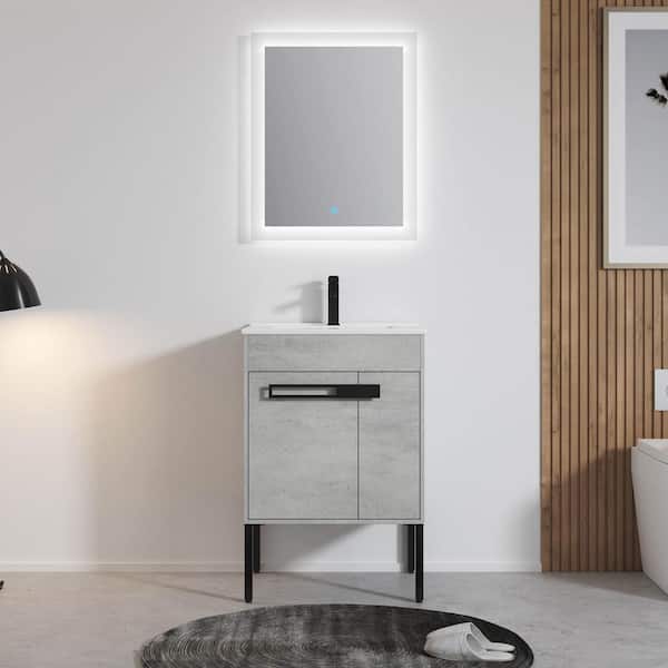 Unbranded 24 in. W x 18 in. D x 35 in. H Freestanding/Wall Single Sink Bath Vanity in Cement Grey with Ceramic Top in. White