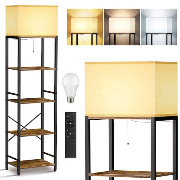 59.5 in. Smart Brown Dimmable LED Column Bookshelf Floor Lamp with Fabric Shade and Remote Included