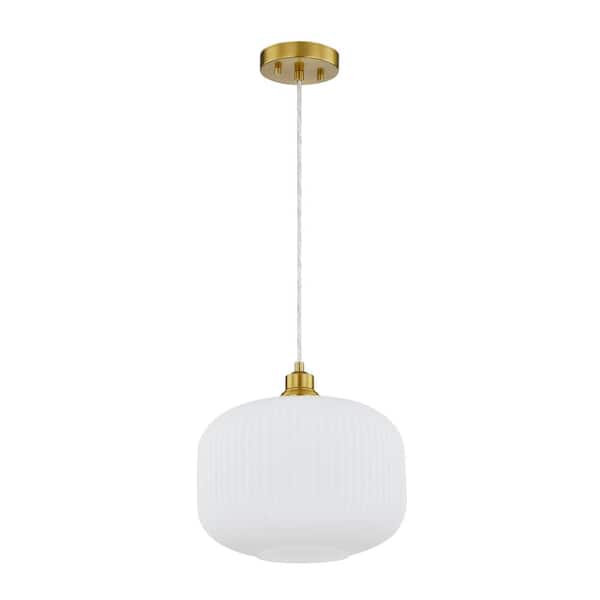 Fifth and Main Lighting Doris 60-Watt 1 Light Aged Brass Standard Mini Pendant Light with Opal Etched Ribbed Glass Shade, No Bulbs Included
