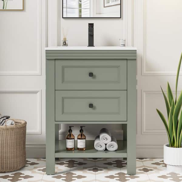 24 in. W x 17.7 in. D x 34 in. H 1-Sink Freestanding Bath Vanity in Green with White Ceramic Top and Drain Faucet Set