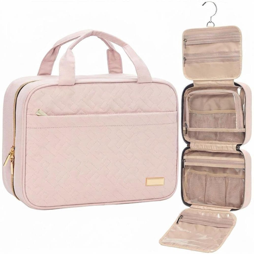 Pink Hanging Toiletry Bag Organizer for Travel-Sized Shampoo Conditioner Makeup Accessories Medium Size