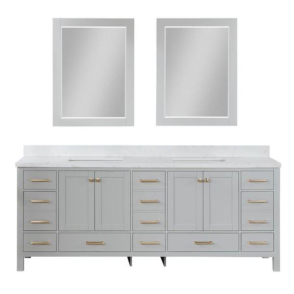 ROSWELL Shannon 84 in. W x 22 in. D x 33.9 in. H Double Sink Bath Vanity in Paris Grey with White Composite Stone Top and Mirror