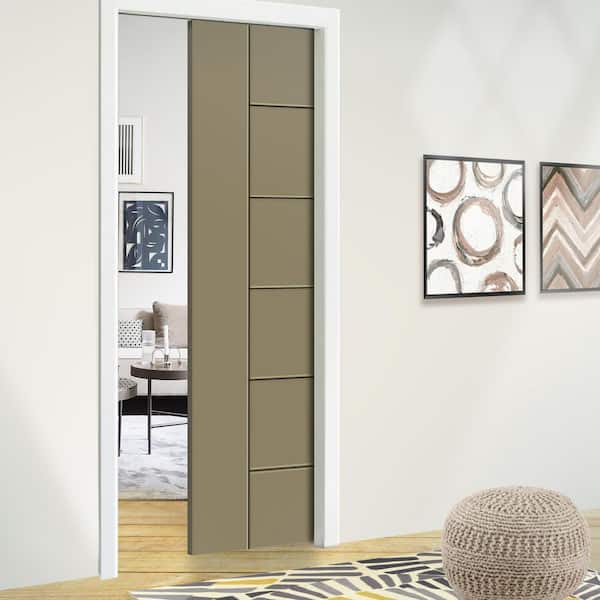 36 in. x 80 in. Olive Green Painted Composite MDF Paneled Interior Sliding Door with Pocket Door Frame and Hardware Kit