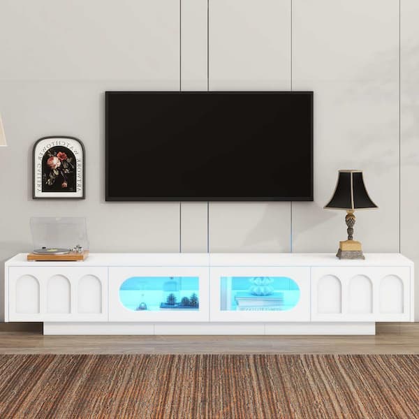 Polibi White TV Stand Fits TV's Up to 95 in. with Fluted tempered Glass Doors, Arched Cabinet Doors, APP-Controlled LED Light
