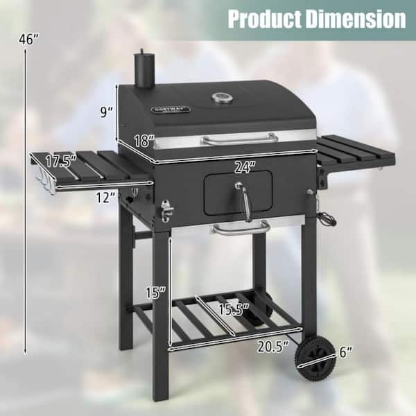 Clihome 24 in. Outdoor BBQ Charcoal Grill in Black with 2 Foldable 