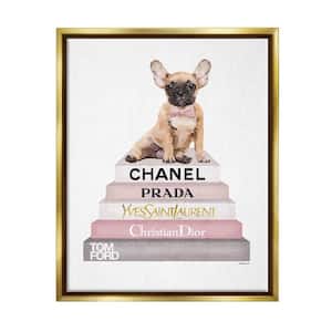 Watercolor High Fashion Bookstack French Bulldog by Amanda Greenwood Floater Frame Animal Wall Art Print 25 in. x 31 in.