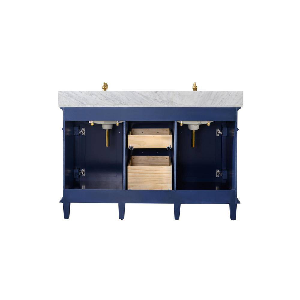 54 in. Navy Blue Double Sink Vanity with Carrara White Marble Top