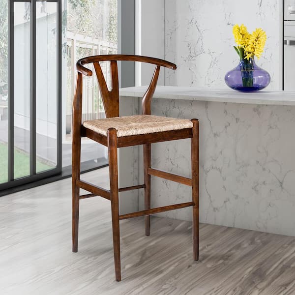Boraam Wishbone 29in. High Back Wood Kitchen Bar Stool with Rush Seat-Cappuccino Finish-1 Bar Stool