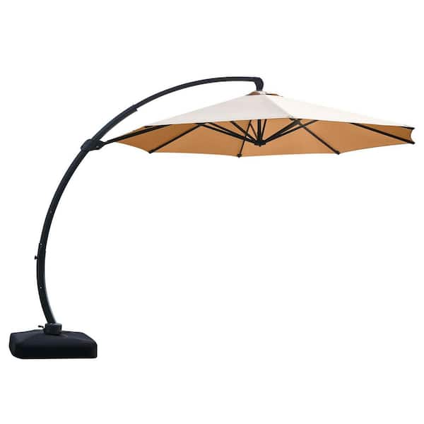 11 ft. Beige Crank and Tilt Patio Umbrella with Sandbags-Aluminum Cantilever Sunshade (UPF 50+)