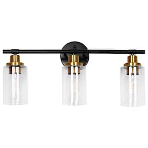 22.64 in. 3-Light Matte Black Modern Bathroom Vanity Light with Clear Glass Shade and Gold Socket (Bulbs Not Included)