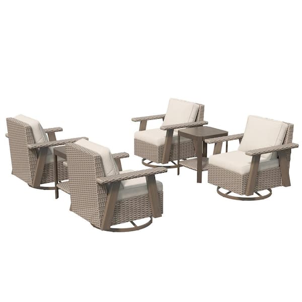 6-Piece Wicker 4-seat Outdoor Patio Conversation Set with Beige Cushions, 4 Swivel Chairs, and 2 Side Table