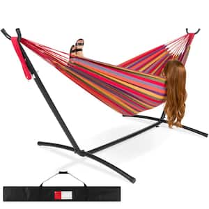 9.5 ft. 2-Person Brazilian-Style Cotton Double Hammock with Stand Set w/Carrying Bag - Rainbow
