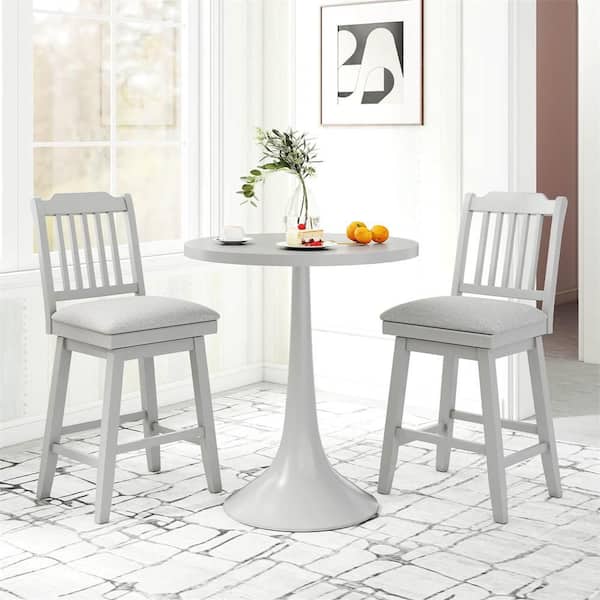 42 in. H Gray Low Back Wood Counter Height Bar Stools with Fabric Set of 2 with Slatted Back Padded Seat & Footrest