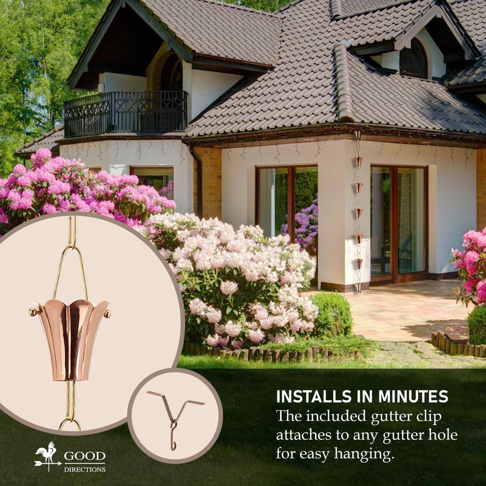 8.5ft Pure Copper Fluted Flower Rain Chain with Brass Links