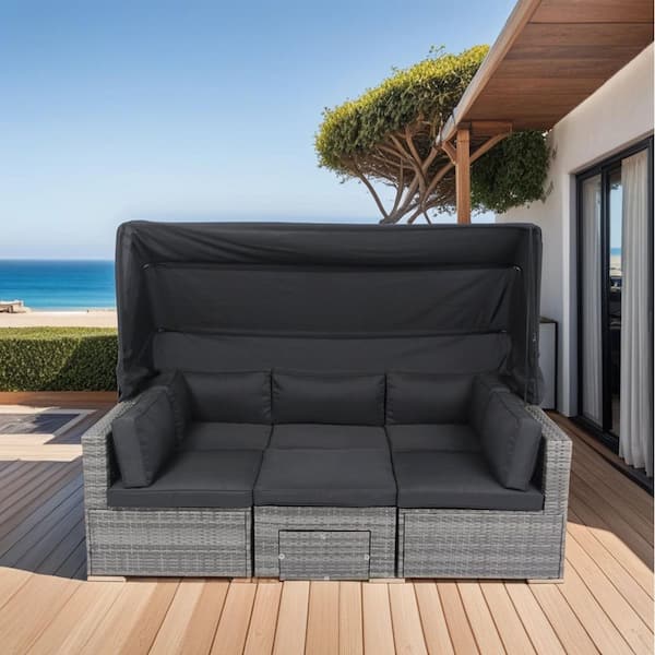 Gray 7-Piece Wicker Patio Conversation Set with Black Cushion and Retractable Canopy