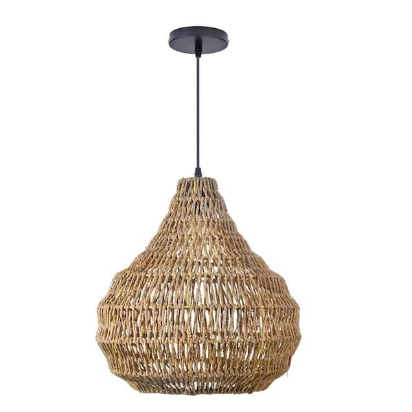 1-Light Rustic Rattan Pendant Light Drum Shape 15.74 in.