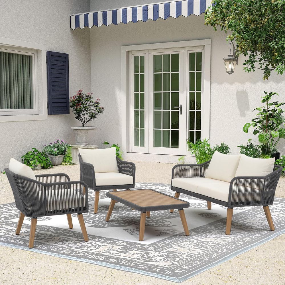 4 Piece Grey Woven Rope Outdoor Conversation Set with Wood-Top Coffee Table, Beige Cushions price history on PriceWatchPro