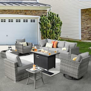 Harlotte 9-Piece Wicker Patio Rectangular Fire Pit Set with Dark Gray Cushions and Swivel Rocking Chairs