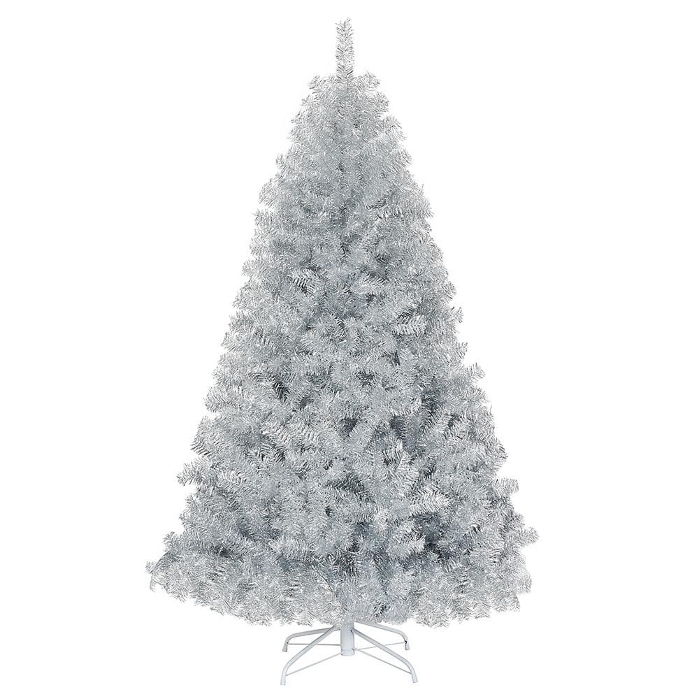 WELLFOR 6 ft. Silver Hinged Unlit PVC Artificial Classic Christmas Tree with Metal Stand CMHPY