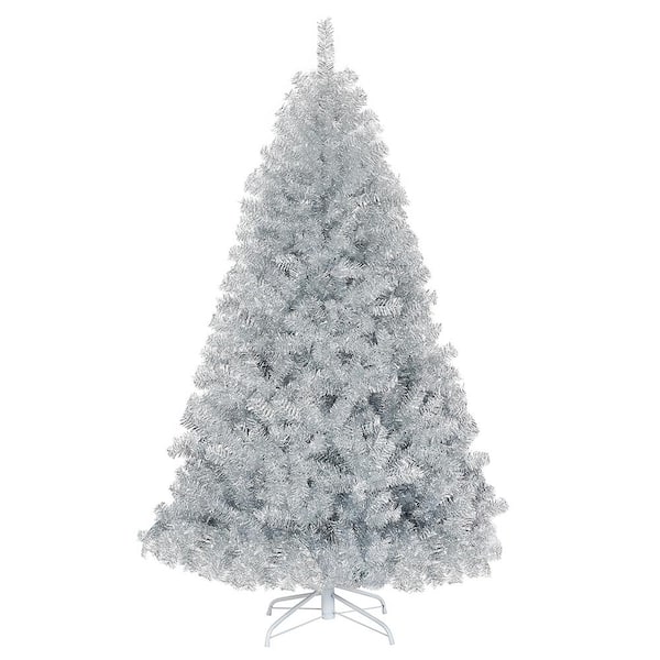 WELLFOR 6 ft. Silver Hinged Unlit PVC Artificial Classic Christmas Tree with Metal Stand