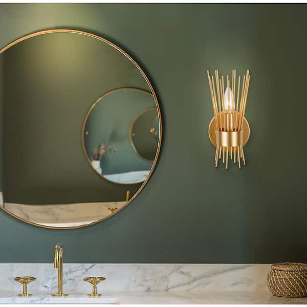 Alsy 10 in. 1-Light Brushed Gold Sconce with Open Rod Metal Shade