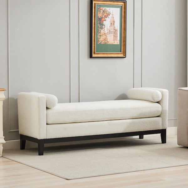 Thalassa Elegant 66.34 in. Ivory Boucle Upholstered Bench with Solid Wood Legs and 2 Bolster Pillows