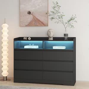 51 in. W x 14.96 in. D x 38.58 in. H Black Wood Linen Cabinet with LED Light, 6 Drawers and 2 Open Shelves