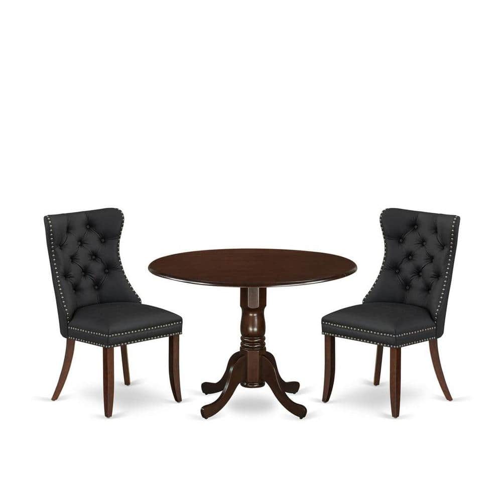 3-Piece Mahogany Finish Solid Wood Top-Round Upholstered Dining Room Set with Dropleaf-Seats 4