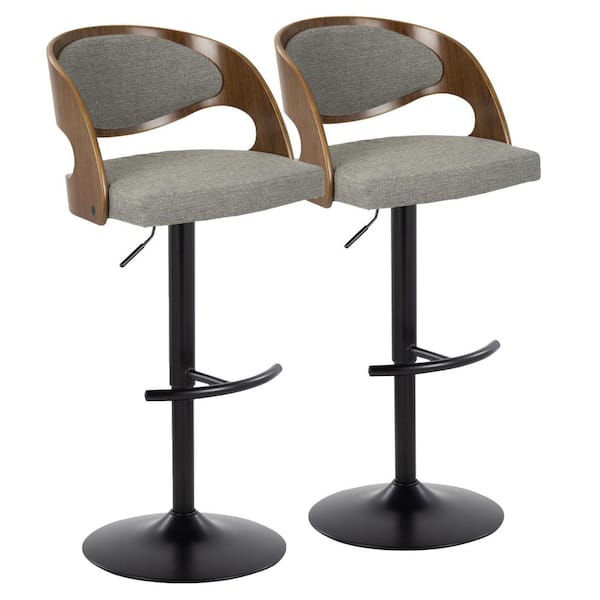 Lumisource Pino 33 in. Grey Fabric, Walnut Wood and Black Metal Adjustable Bar Stool with Rounded T Footrest (Set of 2)