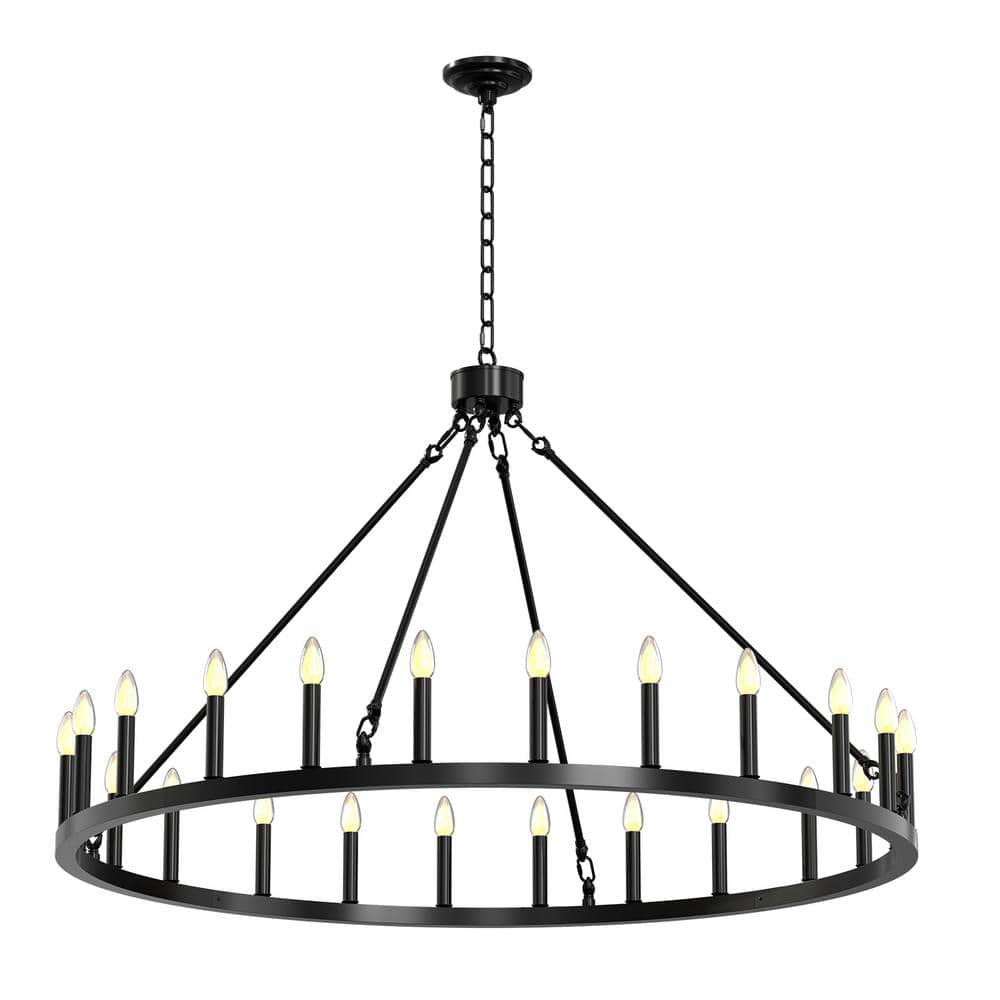 Black Wagon Wheel Chandelier 24-Lights, Large Farmhouse Round Outdoor Chand