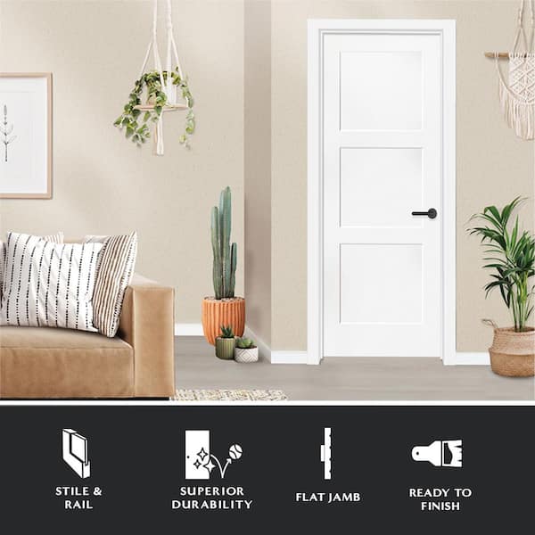 28 in. x 80 in. 3-Panel Equal Shaker White Primed LH Solid Core Wood Single Prehung Interior Door with Nickel Hinges