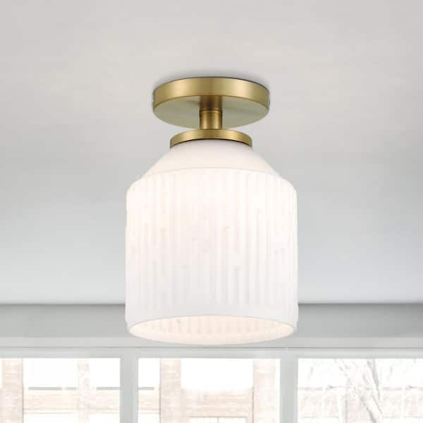 Ele 7.25 in. 1-Light Brushed Gold Modern Entryway Semi-Flush Mount with Clear Glass Shade