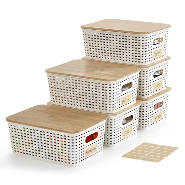 Small Plastic Storage Bins Cream White 7.2 in. x 4.1 in. Polypropylene Decorative Baskets Set of 6